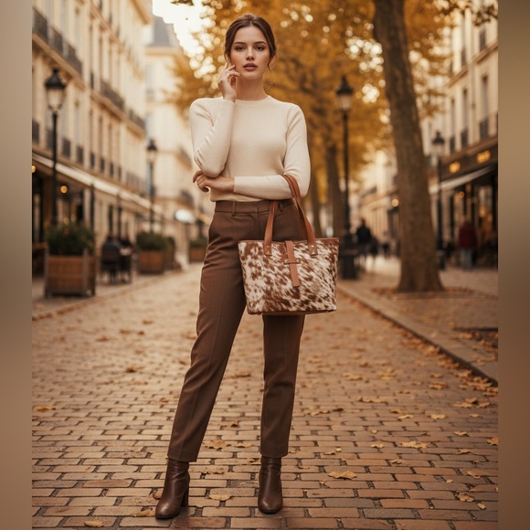 New Handmade Genuine Cowhide & Leather Tote Satchel | Boho Western Cowgirl Purse - Picture 2 of 10